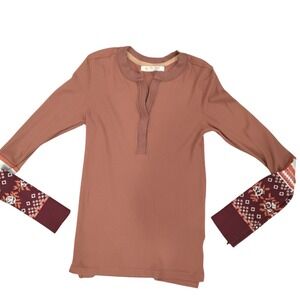 Free People We The Free Terracotta Waffle Knit Thermal Henley Floral Cuffs-Med
